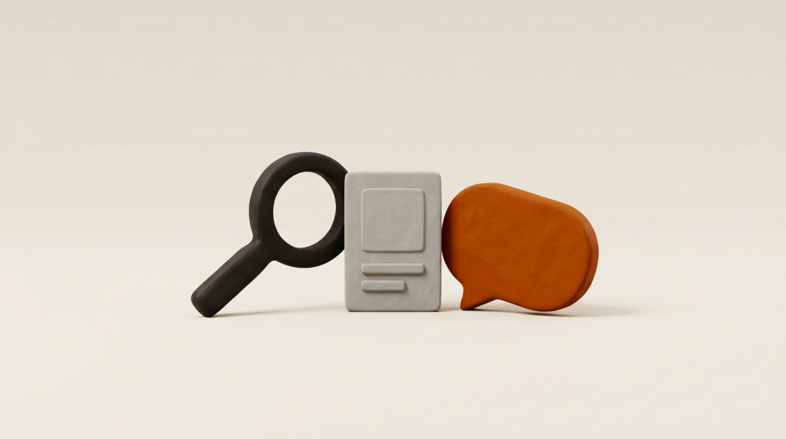 A product card read by a magnifying glass on one side and a speech bubble on the other